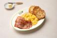 Scrambled Eggs Turkey Bacon and Buttered Toast