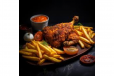 Tandoori Chicken Full With French Fries, Souce And Salad