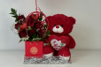 FLOWER ARRANGMENT WITH TEDDY BEAR AND 2 HEART BALLOONS