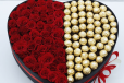 Red Roses And Ferrero Rocher Chocolates In Heart Shaped Box