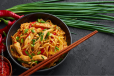 Chilli Basil Noodles With Chicken In Schezwan Sauce