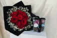 Red rose bouquet with chocolate in acrylic