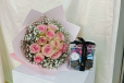 Pink rose bouquet with chocolate in acrylic box